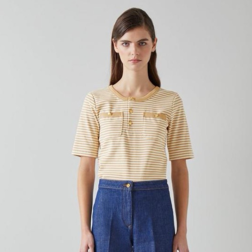 LK BENNETT Charlie Striped Stretch Cotton T-Shirt in Camel and Cream